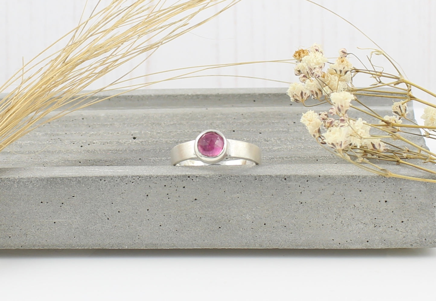Silver Wide Band Pink Tourmaline Ring