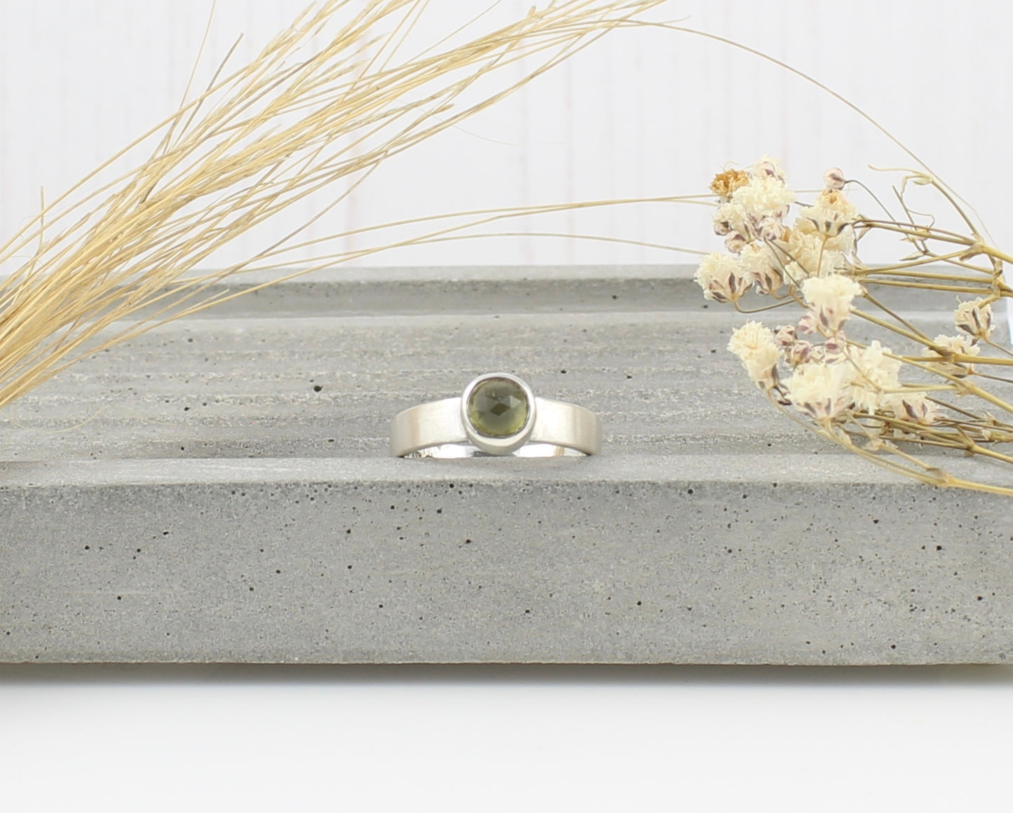 Wide Band Silver Green Tourmaline Ring