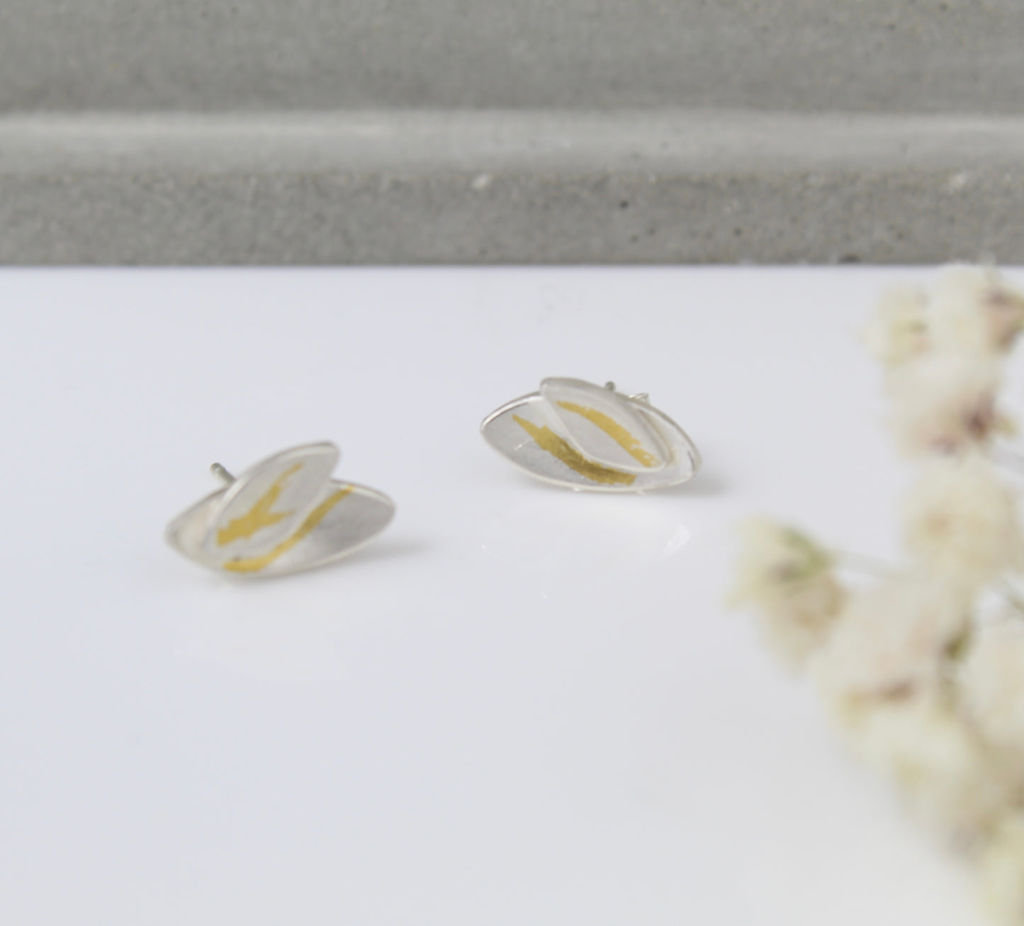Olive silver and gold double leaf earring studs