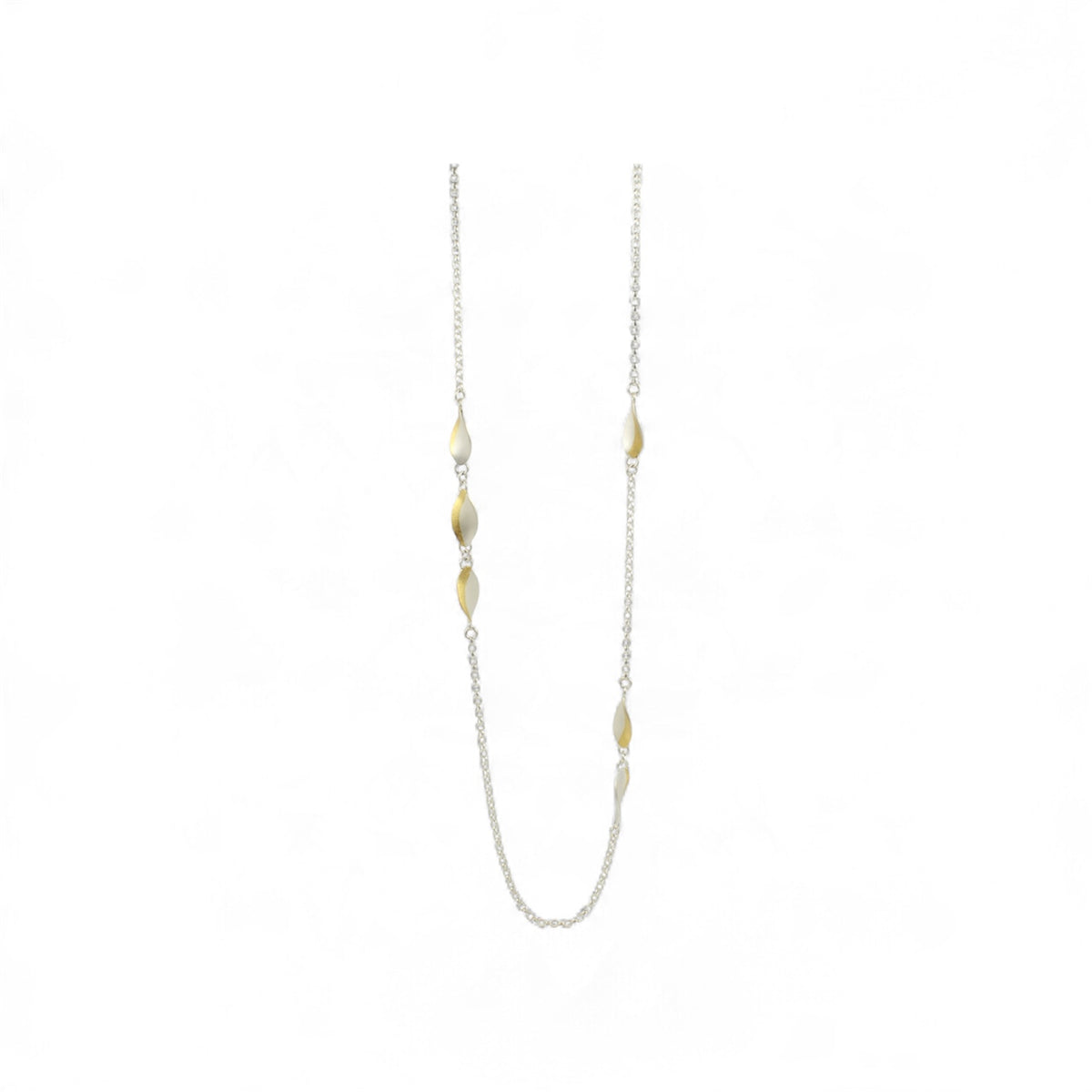 Long curved silver and gold necklace