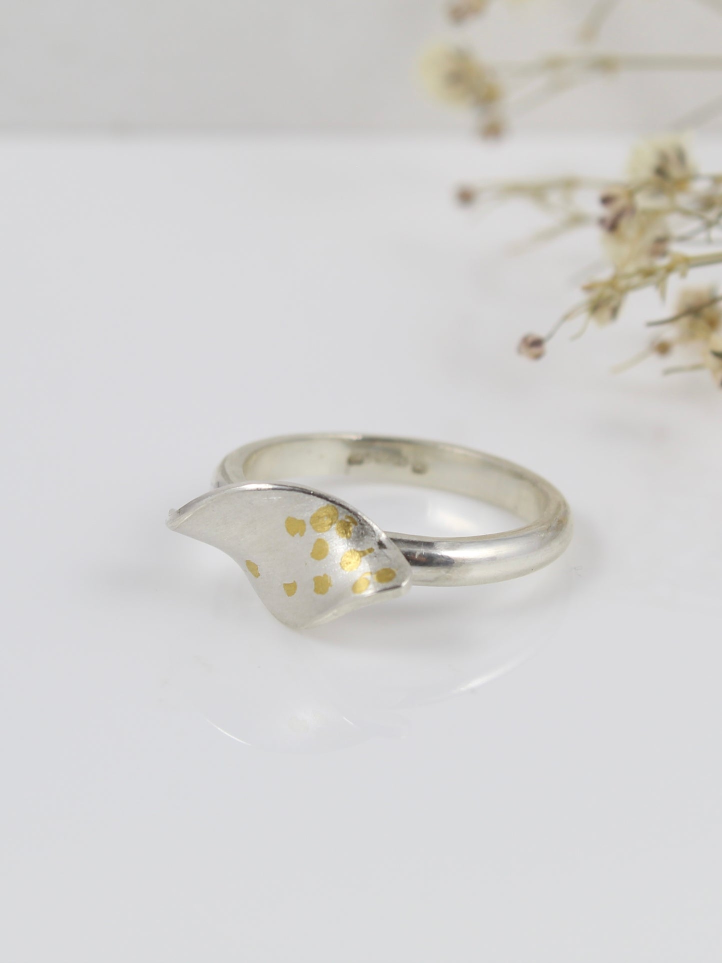 Olive Leaf Silver Ring with Gold Detail