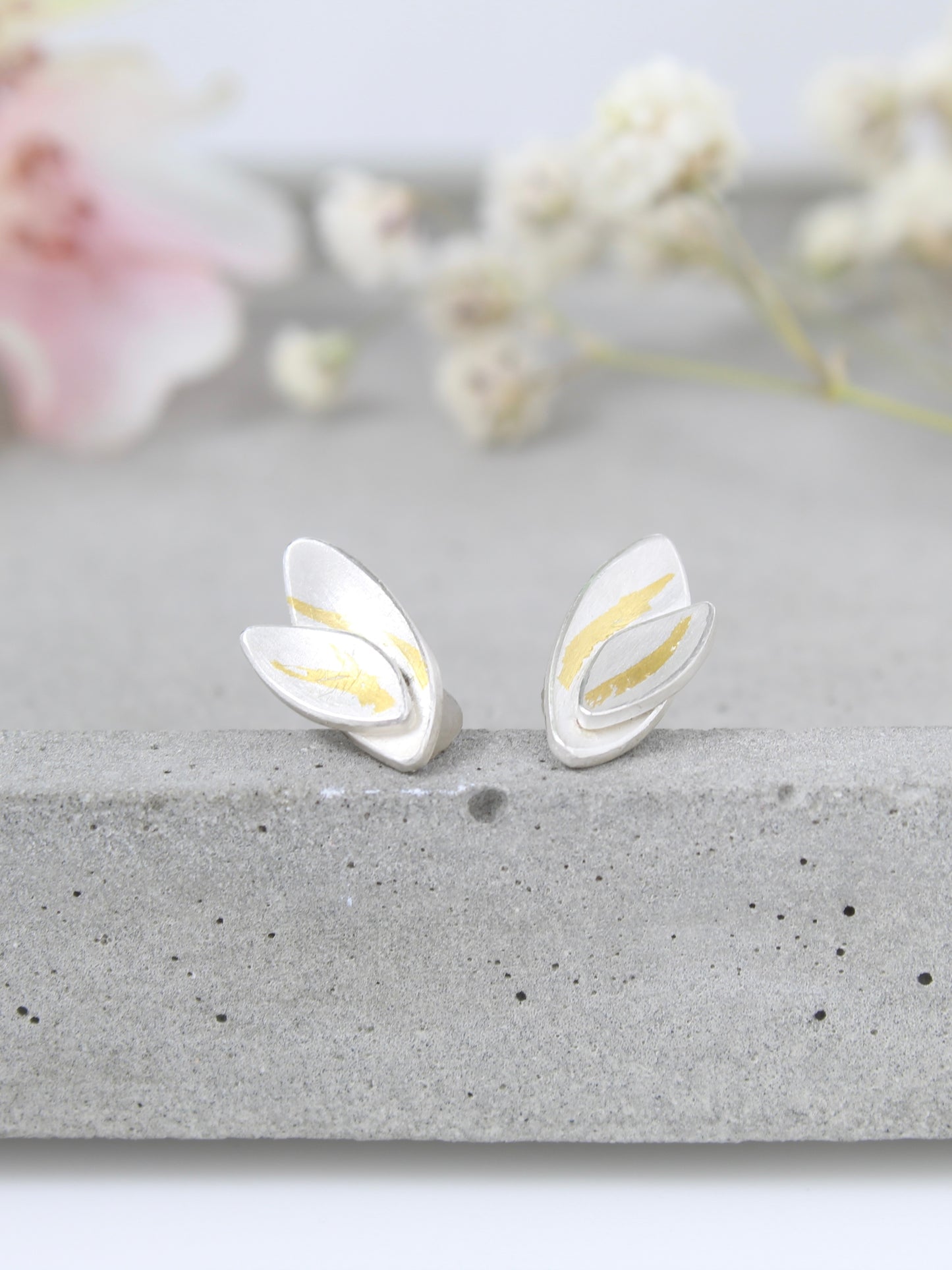 Olive silver and gold double leaf earring studs