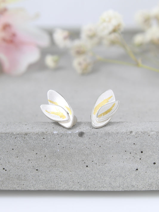 Olive silver and gold double leaf earring studs