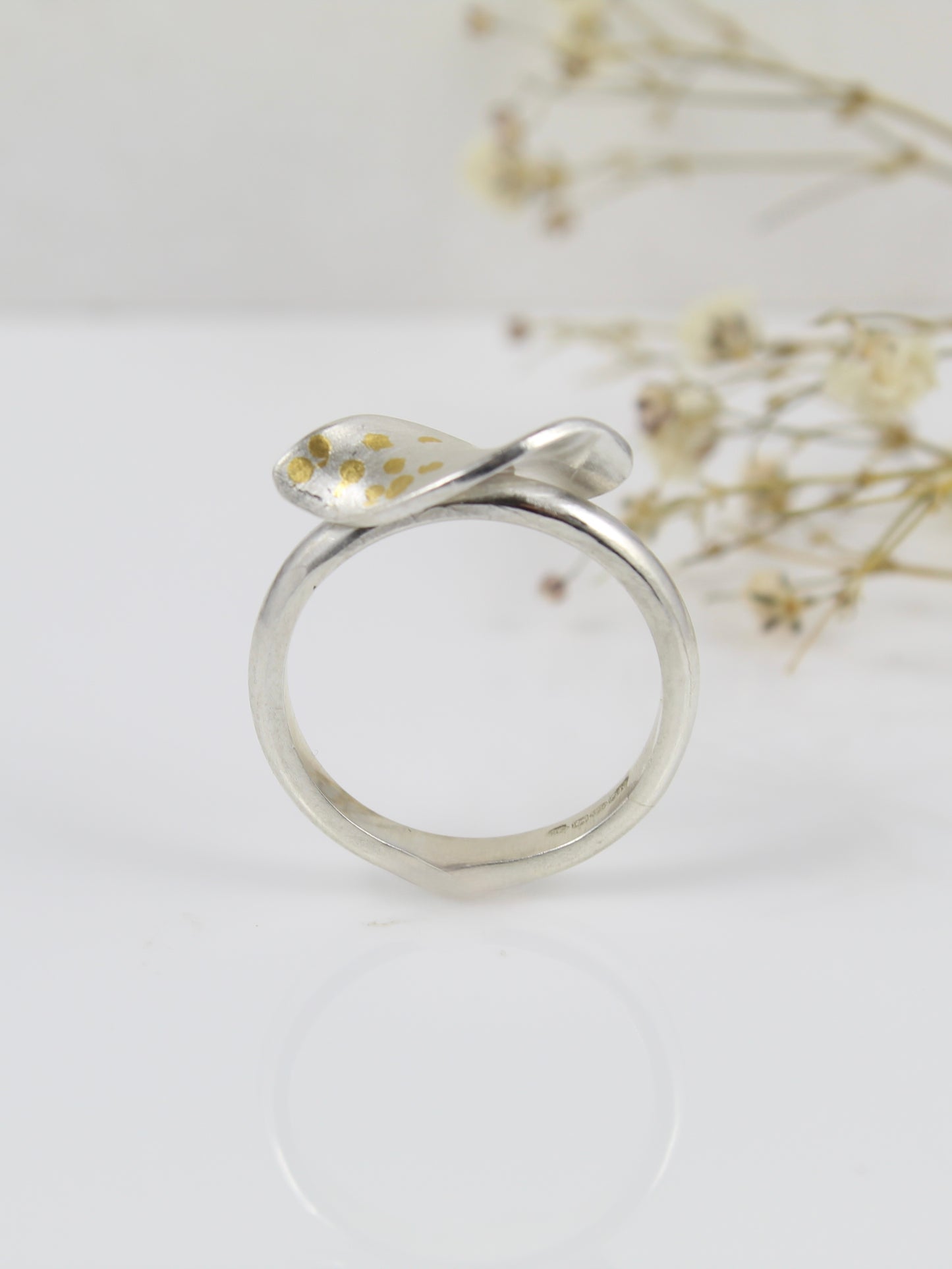 Olive Leaf Silver Ring with Gold Detail
