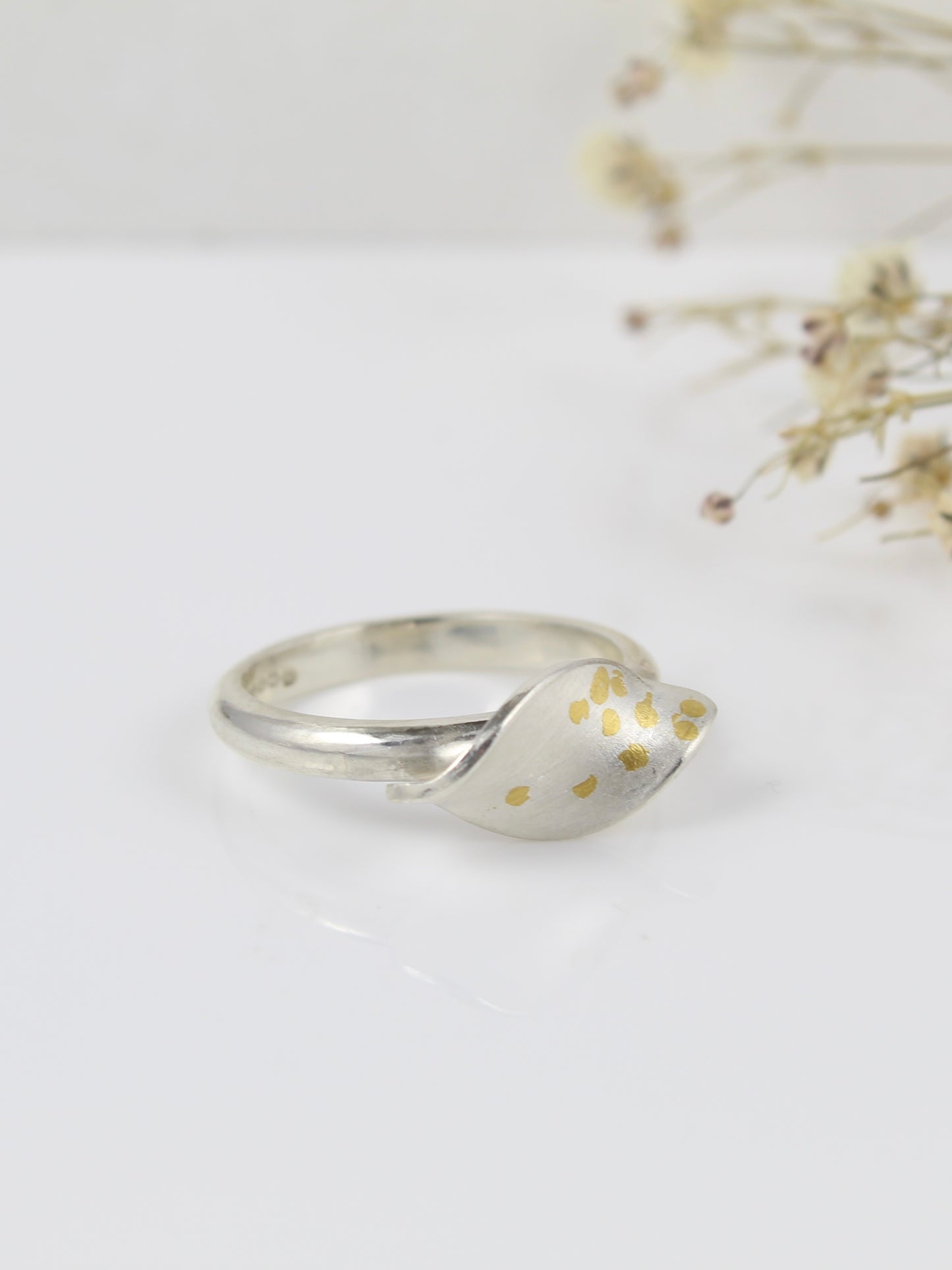 Olive Leaf Silver Ring with Gold Detail
