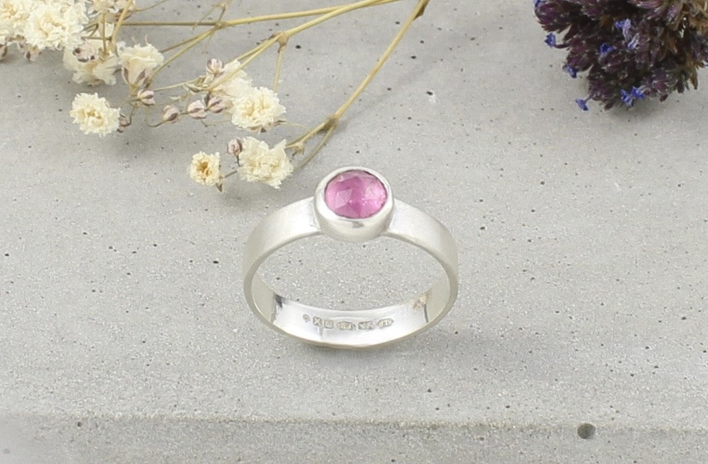 Silver Wide Band Pink Tourmaline Ring